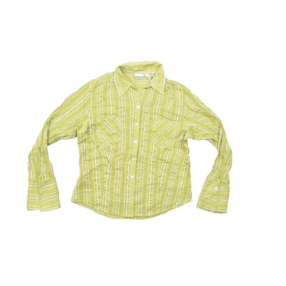 Chico's Women's Size 2 Green Striped Silk Cotton Blend Button Down - Picture 1 of 8
